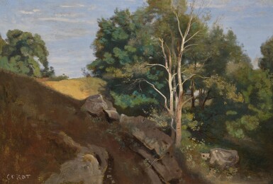View full screen - View 1 of Lot 46. Fontainebleau: Group of trees on the flank of a rocky hillside.