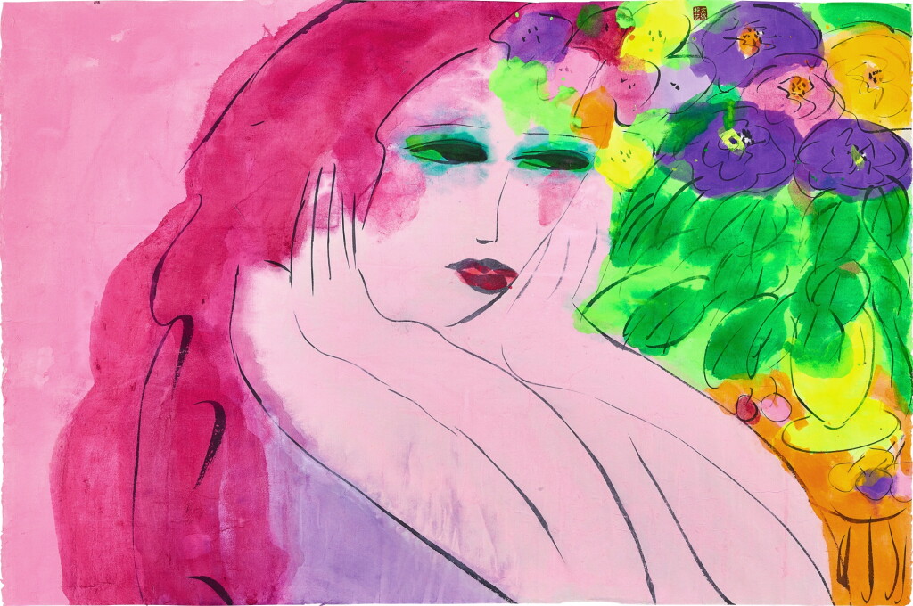View full screen - View 1 of Lot 6202. Walasse Ting 丁雄泉 | Pink lady with flowers 粉紅女郎與花.