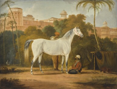 View full screen - View 1 of Lot 128. ATTRIBUTED TO GEORGE HENRY LAPORTE | A grey Arabian mare held by two grooms outside a north Indian fort, possibly the Red Fort, Delhi.