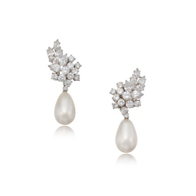 View full screen - View 1 of Lot 42. An Exquisite Pair of Natural Pearl and Diamond Earclips.