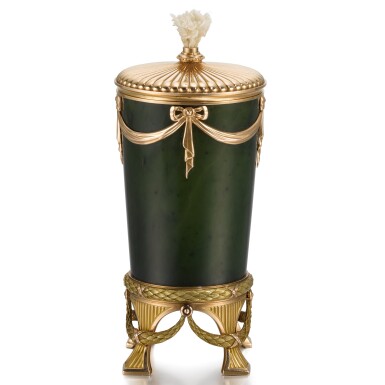 View full screen - View 1 of Lot 105. A Fabergé varicoloured gold-mounted nephrite table lighter, workmaster Henrik Wigström, St Petersburg, 1904-1917.