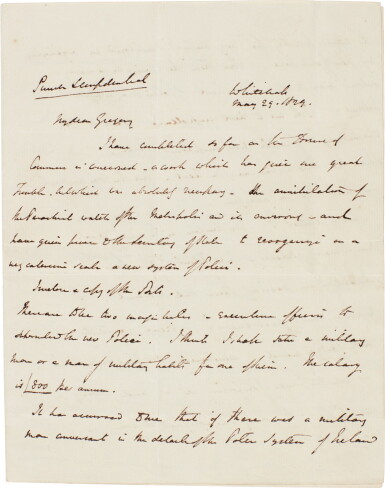 View full screen - View 1 of Lot 123. Sir Robert Peel | Autograph letter signed, announcing the formation of the Metropolitan Police, 1829.