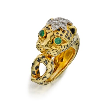 View full screen - View 1 of Lot 285. Gold, Enamel, Emerald and Diamond 'Leopard' Ring.