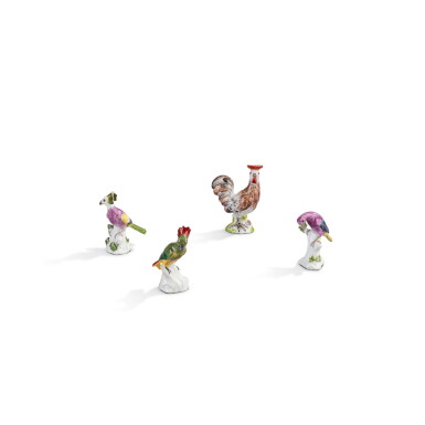 View full screen - View 1 of Lot 588. Three Meissen porcelain miniature figures of birds, mid-18th century.