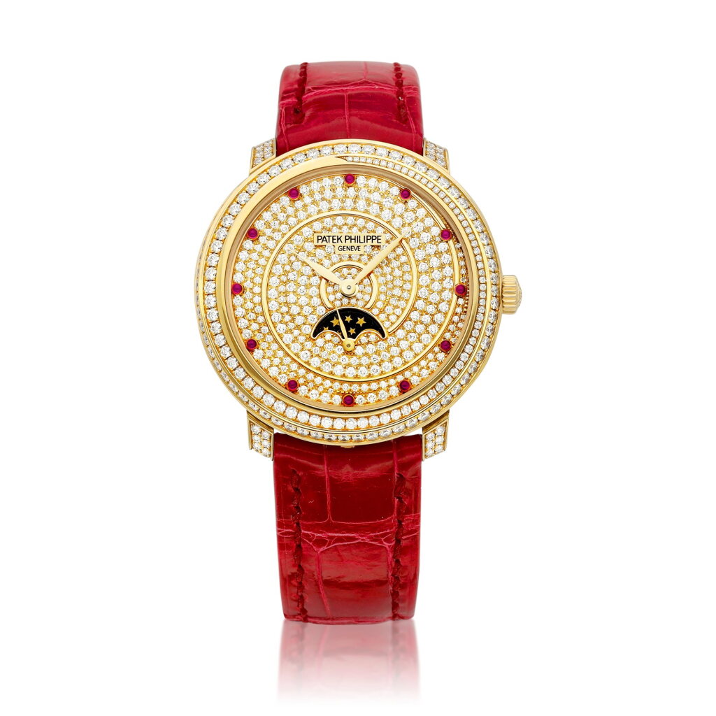 View full screen - View 1 of Lot 2228. Reference 4968 | A pink gold, diamond and ruby-set wristwatch with moon phases, Circa 2016 | 百達翡麗 | 型號4968 | 粉紅金鑲鑽石及紅寶石腕錶,備月相顯示,約2016年製.