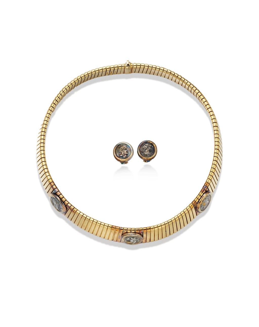 View full screen - View 1 of Lot 1823. 'Monete' Gold and Ancient Coin Necklace and Pair of Ear Clips | 寶格麗 | 'Monete' K金 配 古代錢幣 項鏈 及 耳夾一對.