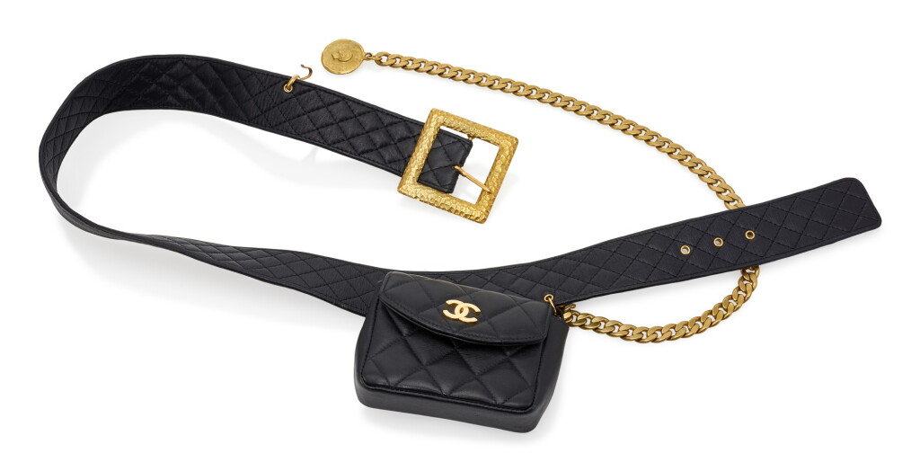 View full screen - View 1 of Lot 112. BLACK LEATHER WITH OPAQUE GOLD-TONE METAL CLASSIC BELT BAG, CHANEL.
