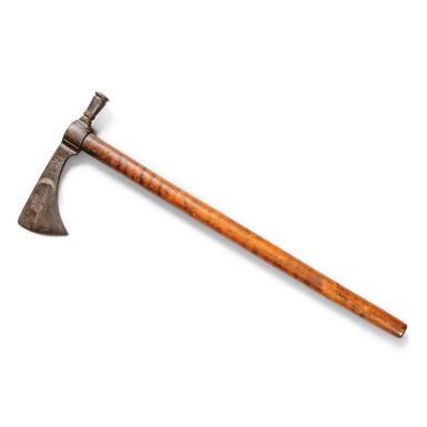 View full screen - View 1 of Lot 220. Very Fine and Rare Engraved Steel and Silver Inlaid Poleaxe Tomahawk, Circa 1770.