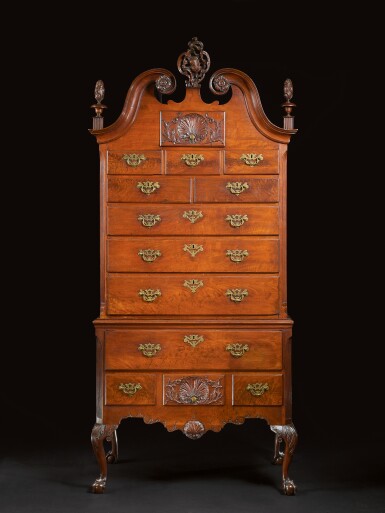 View full screen - View 1 of Lot 837. The Important Francis P. Garvan Chippendale Carved and Figured Walnut Bonnet-Top High Chest of Drawers, Carving attributed to Nicholas Bernard (1732-1789), Philadelphia, Pennsylvania, Circa 1755-1760.