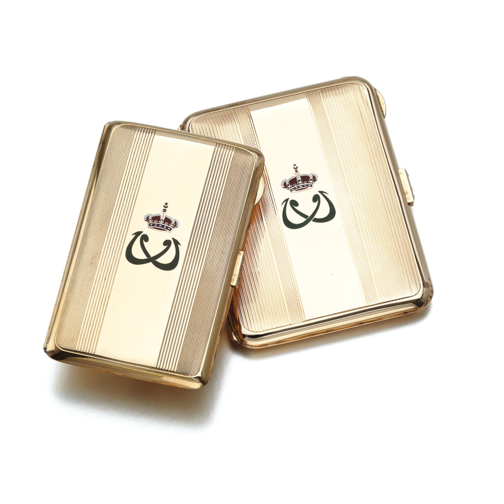 View full screen - View 1 of Lot 87. TWO ENAMEL AND SAPPHIRE CIGARETTE CASES, 1940S.
