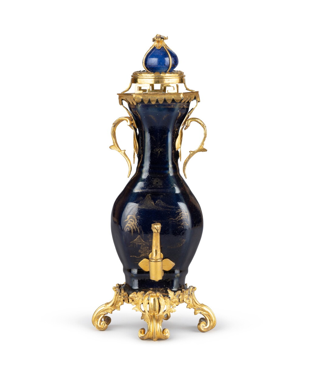 View full screen - View 1 of Lot 42. A French gilt bronze and Chinese powder blue porcelain fountain, the porcelain 18th century, the ormolu probably 19th century | Fontaine en porcelaine de Chine bleu poudré à décor doré et monture de bronze doré, la porcelaine XVIIIème siècle, le bronze doré probablement XIXème siècle.