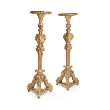 View full screen - View 1 of Lot 58. A pair of Régence carved giltwood porte-torchères aux dauphins, circa 1720.