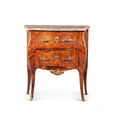 View full screen - View 1 of Lot 181. A gilt-bronze mounted tulipwood and kingwood veneered commode "sauteuse", Louis XV, circa 1770, stamped by François Rubestuck | Commode sauteuse en placage de bois de rose, bois de violette et monture de bronze doré d'époque Louis XV, vers 1770, estampille de François Rubestuck.