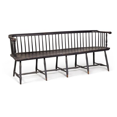 View full screen - View 1 of Lot 332. Rare and Fine Black-Painted Low-Back Windsor Settee, Daniel Carteret (w. 1786-1830), Philadelphia, Pennsylvania, Circa 1800.