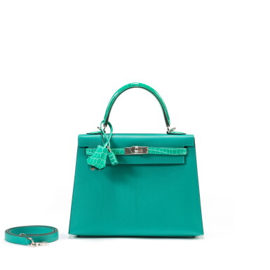 View full screen - View 1 of Lot 428. Vert Jade Shiny Niloticus Crocodile and Vert Verone Madame Kelly Touch 25 Sellier Palladium Hardware, 2021.