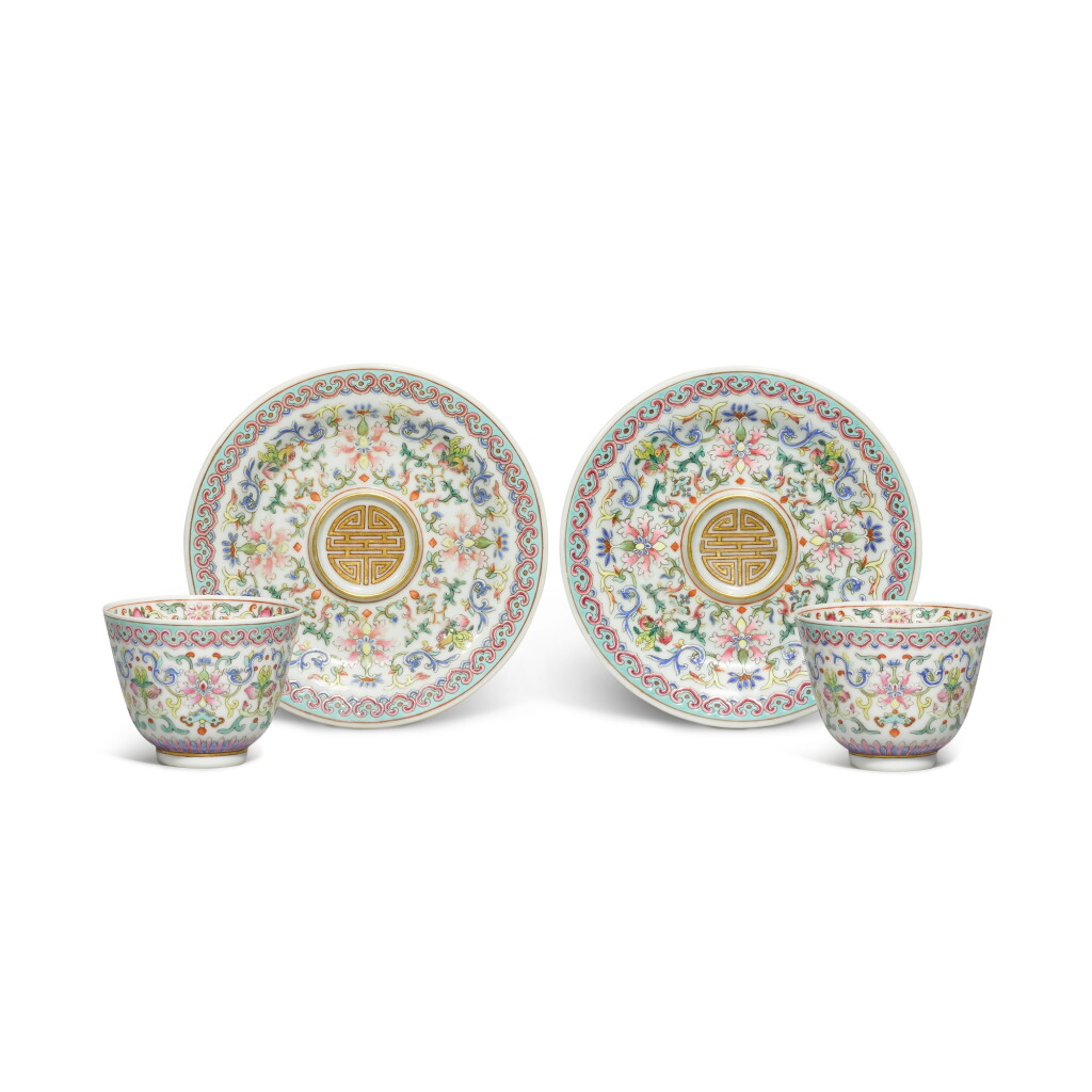 View full screen - View 1 of Lot 143. Two sets of famille-rose cups and saucers, Seal marks and period of Daoguang.