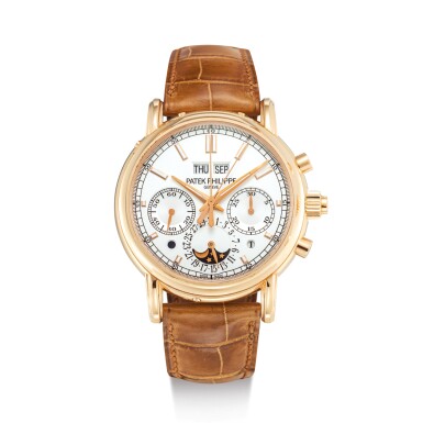 View full screen - View 1 of Lot 2311. PATEK PHILIPPE | REFERENCE 5204 A PINK GOLD PERPETUAL CALENDAR SPLIT SECONDS CHRONOGRAPH WRISTWATCH WITH MOON PHASES, LEAP YEAR AND DAY AND NIGHT INDICATION, CIRCA 2016 | 百達翡麗 | "型號5204 粉紅金萬年曆追針計時腕錶,備月相、閏年及晝夜顯示,機芯編號5252628,錶殼編號6121613,約2016年製".
