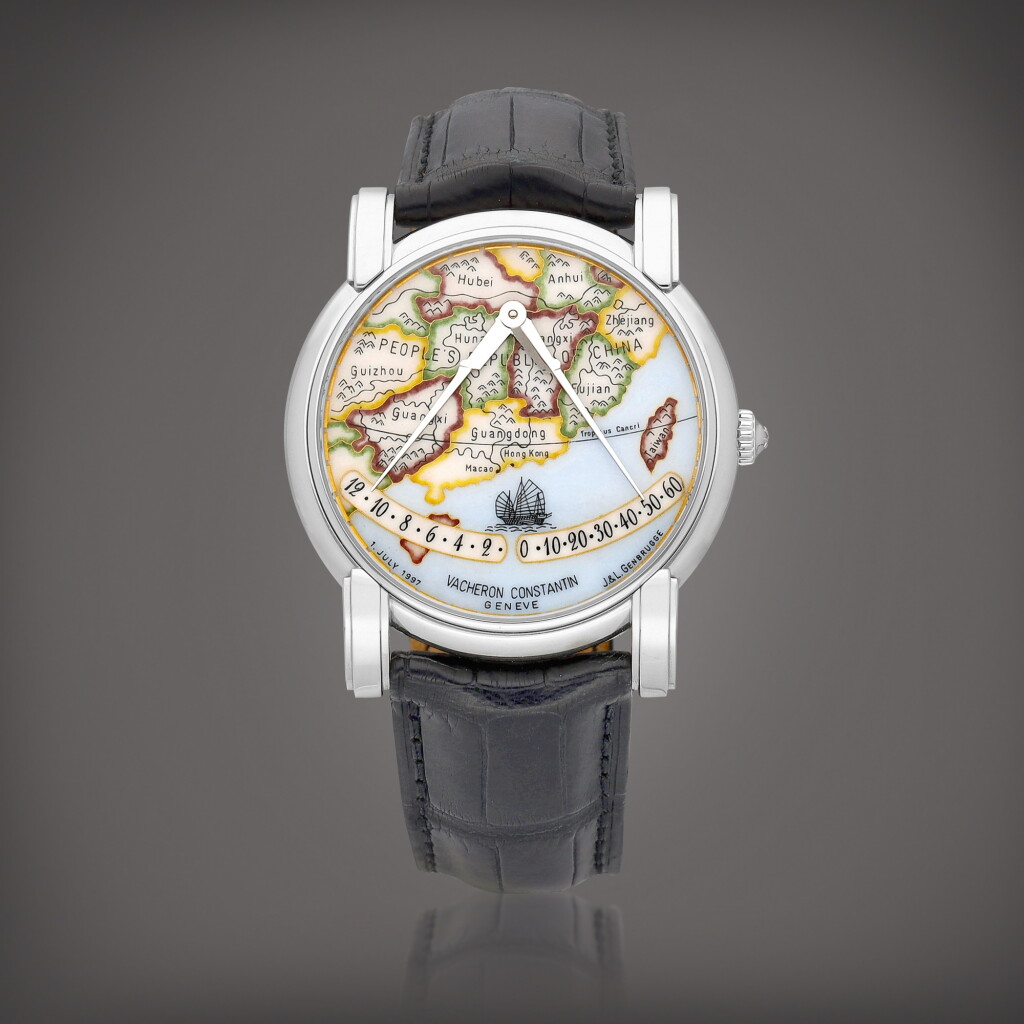 View full screen - View 1 of Lot 2154. Mercator "Chine", Reference 43050, Number 1 A possibly unique platinum double retrograde wristwatch with cloisonné enamel dial, Made in 1999 | 江詩丹頓 | Mercator "Chine" 型號 43050 編號1 應為獨一無二鉑金逆跳腕錶,備掐絲琺瑯錶盤,1999年製.