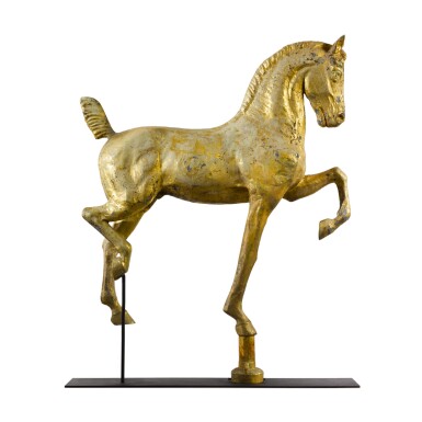 View full screen - View 1 of Lot 16. VERY FINE MOLDED FULL BODIED GILT SHEET COPPER AND ZINC HACKNEY HORSE WEATHERVANE, DUBUQUE, IOWA, CIRCA 1880.