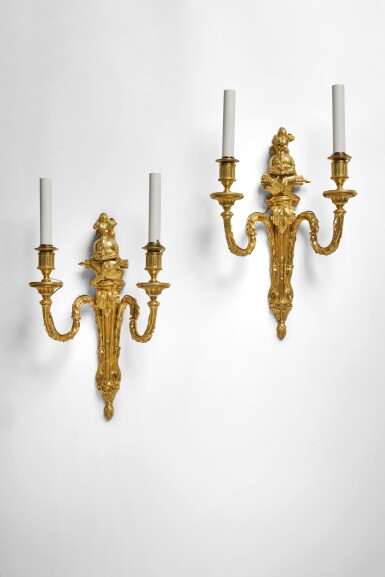 View full screen - View 1 of Lot 393. A Pair of Louis XVI Gilt-Bronze Two-Branch Wall Lights, Circa 1780.