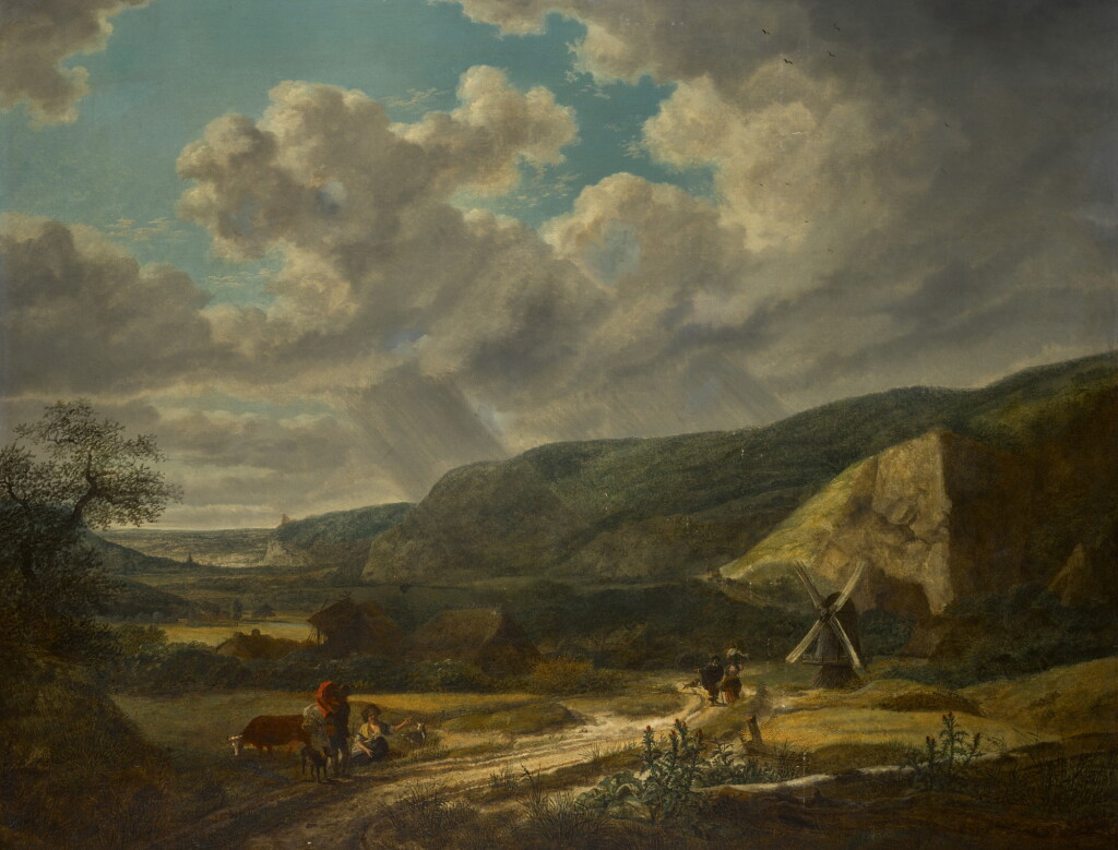 View full screen - View 1 of Lot 217. DUTCH SCHOOL, 19TH CENTURY | Landscape with figures on a path by a windmill, rain clouds beyond.