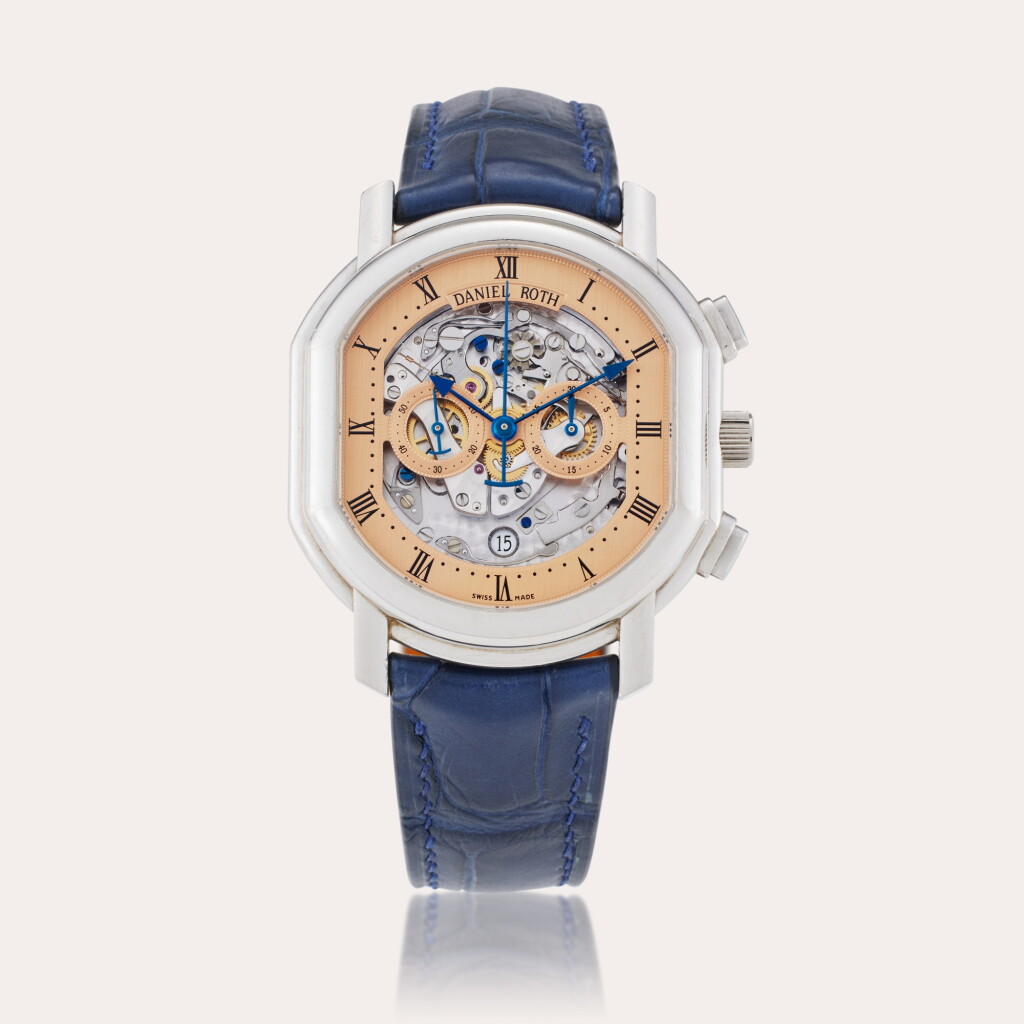View full screen - View 1 of Lot 203. Reference 447.X.70 Master’s Chronograph | A platinum semi-skeletonized automatic chronograph wristwatch with date, Circa 2000.