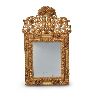 View full screen - View 1 of Lot 221. A Louis XIV Giltwood Mirror in the Manner of Jean Le Pautre, Late 17th Century.