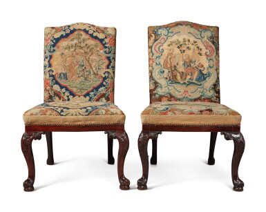 View full screen - View 1 of Lot 135. A Pair of George II Mahogany Back Stools by John Whitby with Needlework Covering, Circa 1756.