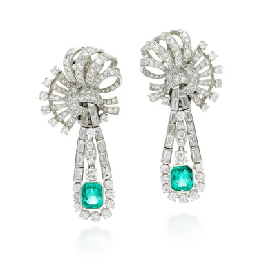 View full screen - View 1 of Lot 89. PAIR OF EMERALD AND DIAMOND EAR CLIPS.