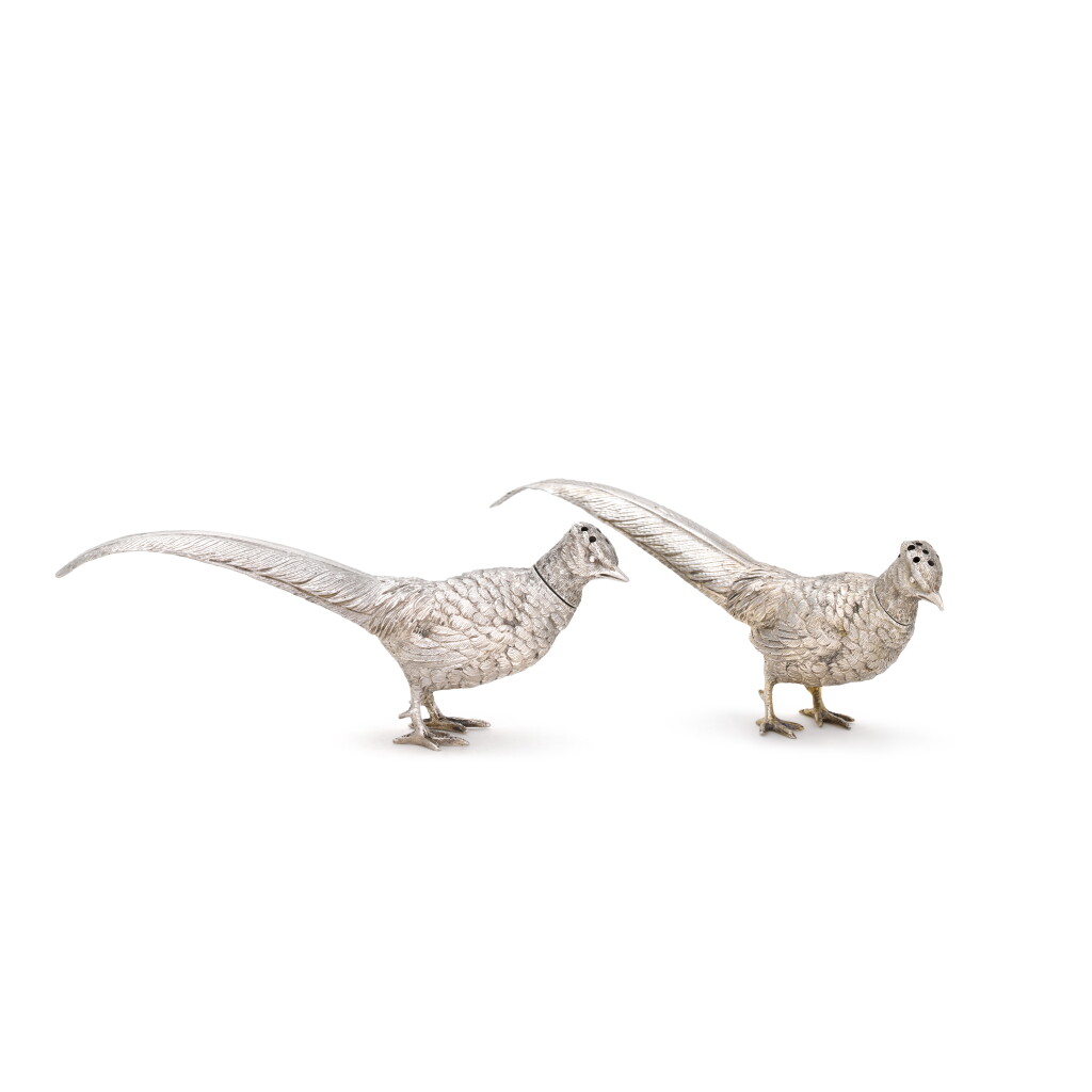 View full screen - View 1 of Lot 33. A pair of novelty Edwardian silver pheasant pepper shakers, Maurice Geffroy overstamping William Hornby, London, 1905.