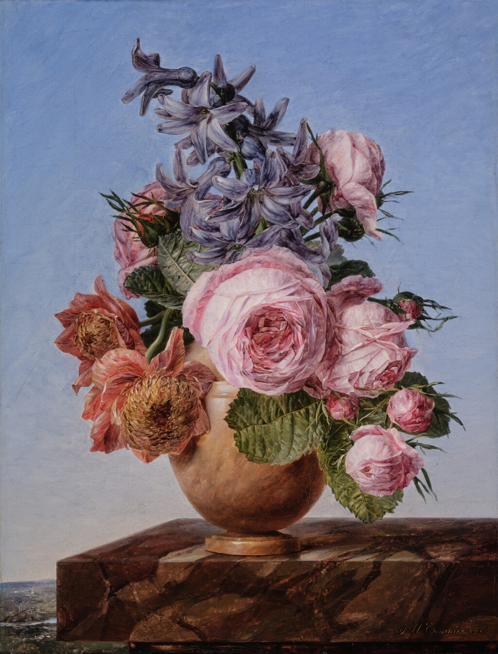 View full screen - View 1 of Lot 536. Still Life with a Bouquet of Flowers in an Alabaster Vase on a Marble Ledge.