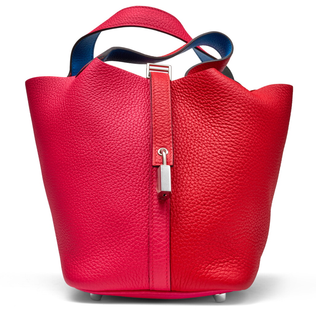 View full screen - View 1 of Lot 1331. Limited Edition Rouge de Coeur, Rose Extreme, Bleu Zanzibar Tri-Color Clemence Picotin 18 Palladium Hardware, 2022.