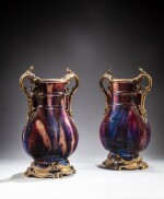 A pair of gilt-bronze mounted flambé-glazed vases (Hu), Qing dynasty, 19th / 20th century | 清十九 / 二十世紀 窰變釉壺鎏金銅座一對