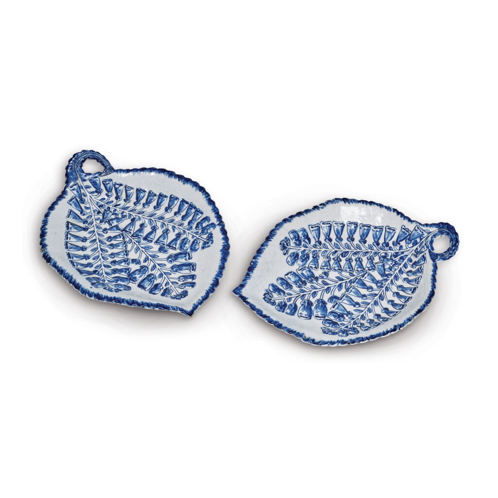 View full screen - View 1 of Lot 40. A PAIR OF BOW PORCELAIN BLUE AND WHITE LEAF-SHAPED DISHES CIRCA 1755 .