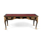 Bureau plat au masque d’Hercule en bois noirci, marqueterie de laiton et bronze doré, d'époque Régence vers 1730, attribué à Noël Gérard, bronze doré probablement d'après André-Charles Boulle, et vendu par Nicolas Petit