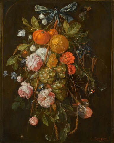View full screen - View 1 of Lot 40. A festoon of roses, carnations, morning glory, an orange, grapes, and other fruits and flowers, suspended by a blue ribbon hanging from a nail within a stone niche.