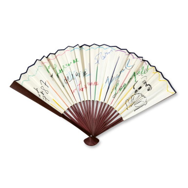 View full screen - View 1 of Lot 306. A paper and wood fan, signed and dated, March 7, 1987 | Ein Fächer aus Papier und Holz, signiert und datiert, 7. März 1987.