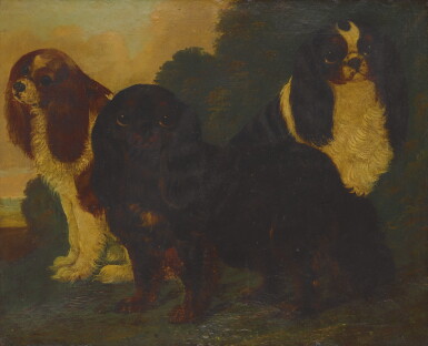 View full screen - View 1 of Lot 96. ENGLISH SCHOOL, 19TH CENTURY | THREE CAVALIER KING CHARLES SPANIELS IN A LANDSCAPE.
