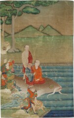 A Thangka Depicting Three Arhats and a Carp, Tibet, 19th Century