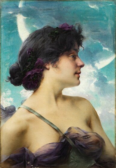 View full screen - View 1 of Lot 108. Portrait of a Lady as Diana, also called A beauty in violet | Portrait de jeune femme en Diane, dit également Beauté en violette.