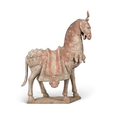 View full screen - View 1 of Lot 668. A painted pottery figure of a caparisoned horse, Northern Wei dynasty | 北魏 陶加彩馬.