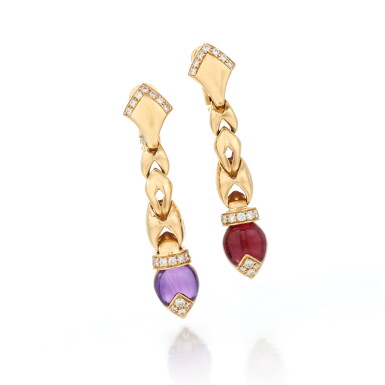 View full screen - View 1 of Lot 108. Pair of amethyst, tourmaline and diamond earrings (Paio di orecchini in ametista, tormalina e diamanti).