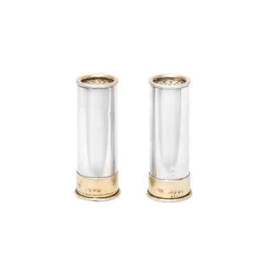 View full screen - View 1 of Lot 32. A pair of novelty Victorian parcel-gilt silver shotgun shell pepper shakers, Thomas Johnson, London 1883, retailed by William Thornhill, New Bond St.