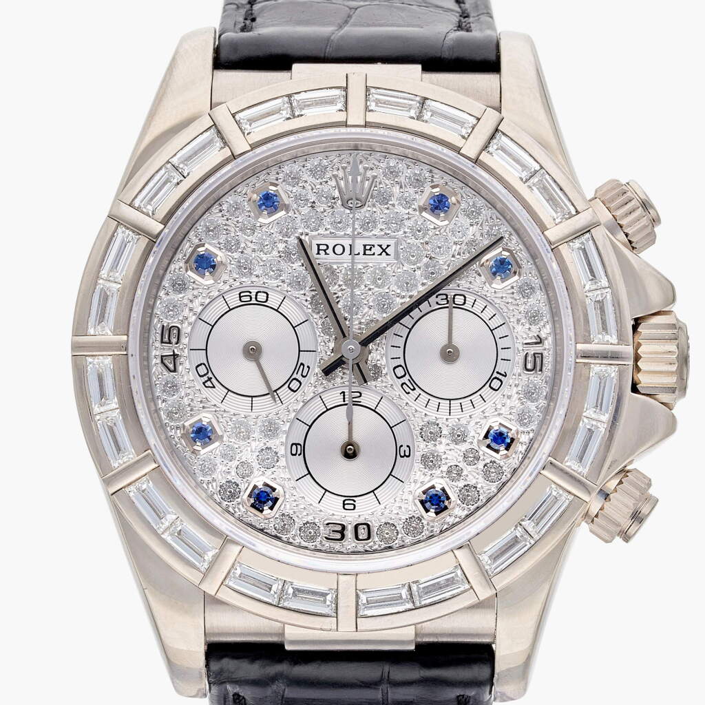 View full screen - View 1 of Lot 184. Reference 16589 Daytona | A white gold and diamond-set automatic chronograph wristwatch, Circa 1997.
