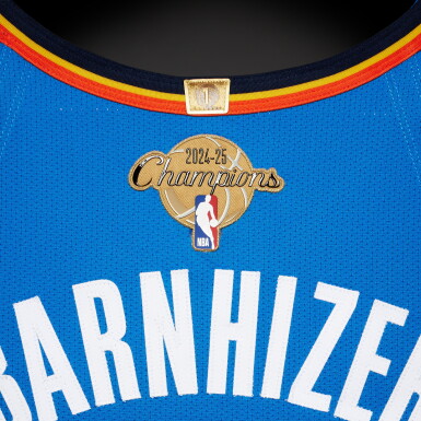 View full screen - View 1 of Lot 16. Brooks Barnhizer ‘Rookie Debut’ Oklahoma City Thunder 2025-2026 NBA Tip-Off Game Worn Icon Edition Jersey | 2024-25 Championship Patch .