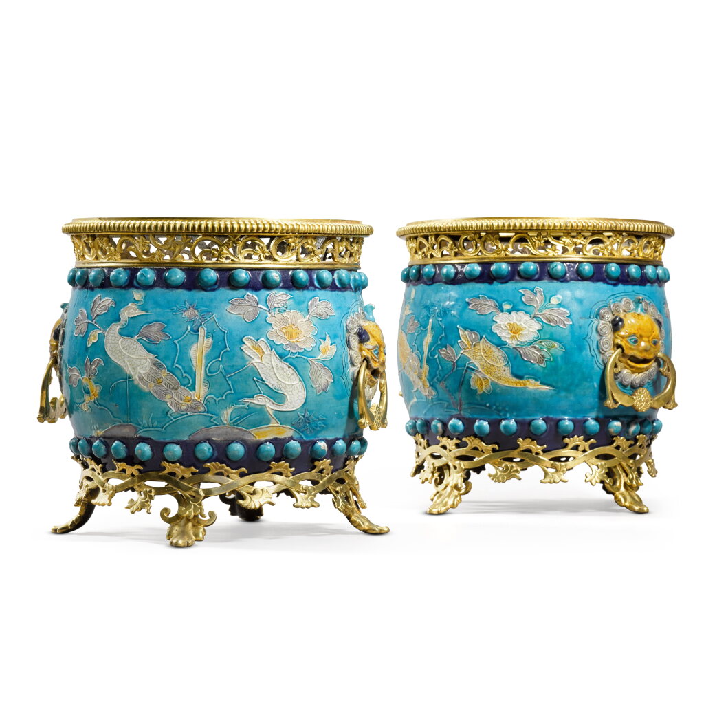 View full screen - View 1 of Lot 87. A pair of French gilt-bronze mounted Fahua vases, the earthenware Ming dynasty, the mounts late 19th century.
