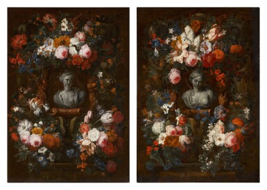 View full screen - View 1 of Lot 76. Bouquets of roses, peonies, tulips, iris, ranunculus as other flowers surrounding a carved stone cartouche with the bust of Ceres; and bouquets of roses, peonies, tulips, iris, ranunculus as other flowers surrounding a carved stone cartouche with the bust of Diana.