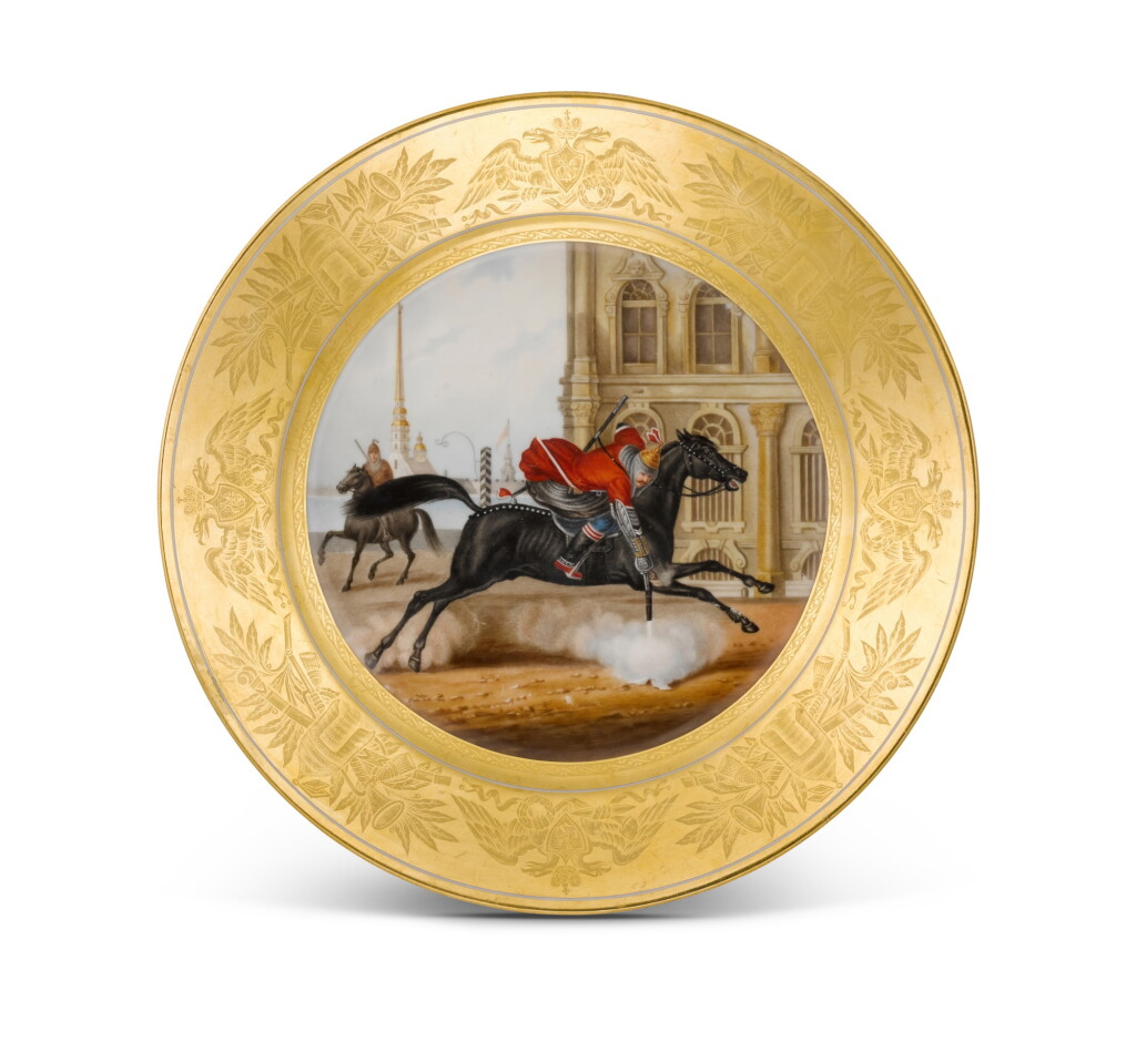 View full screen - View 1 of Lot 182. JUNKER OF THE LIFE-GUARDS CAUCASUS MOUNTAIN SQUADRON: A PORCELAIN MILITARY PLATE, IMPERIAL PORCELAIN FACTORY, ST PETERSBURG, PERIOD OF NICHOLAS I (1825-1855), 1833.