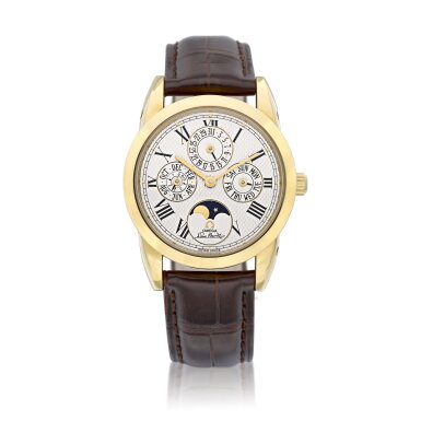 View full screen - View 1 of Lot 8897. Louis Brandt, Reference 175.0300 | A yellow gold perpetual calendar wristwatch with day, date, moon phases and leap year indication, Circa 1990 | 歐米茄 | Louis Brandt 型號175.0300 | 黃金萬年曆腕錶,備日期、星期、月相及閏年顯示,約1990年製.