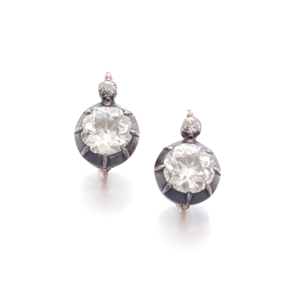 View full screen - View 1 of Lot 734. Pair of diamond earrings, late 19th century.